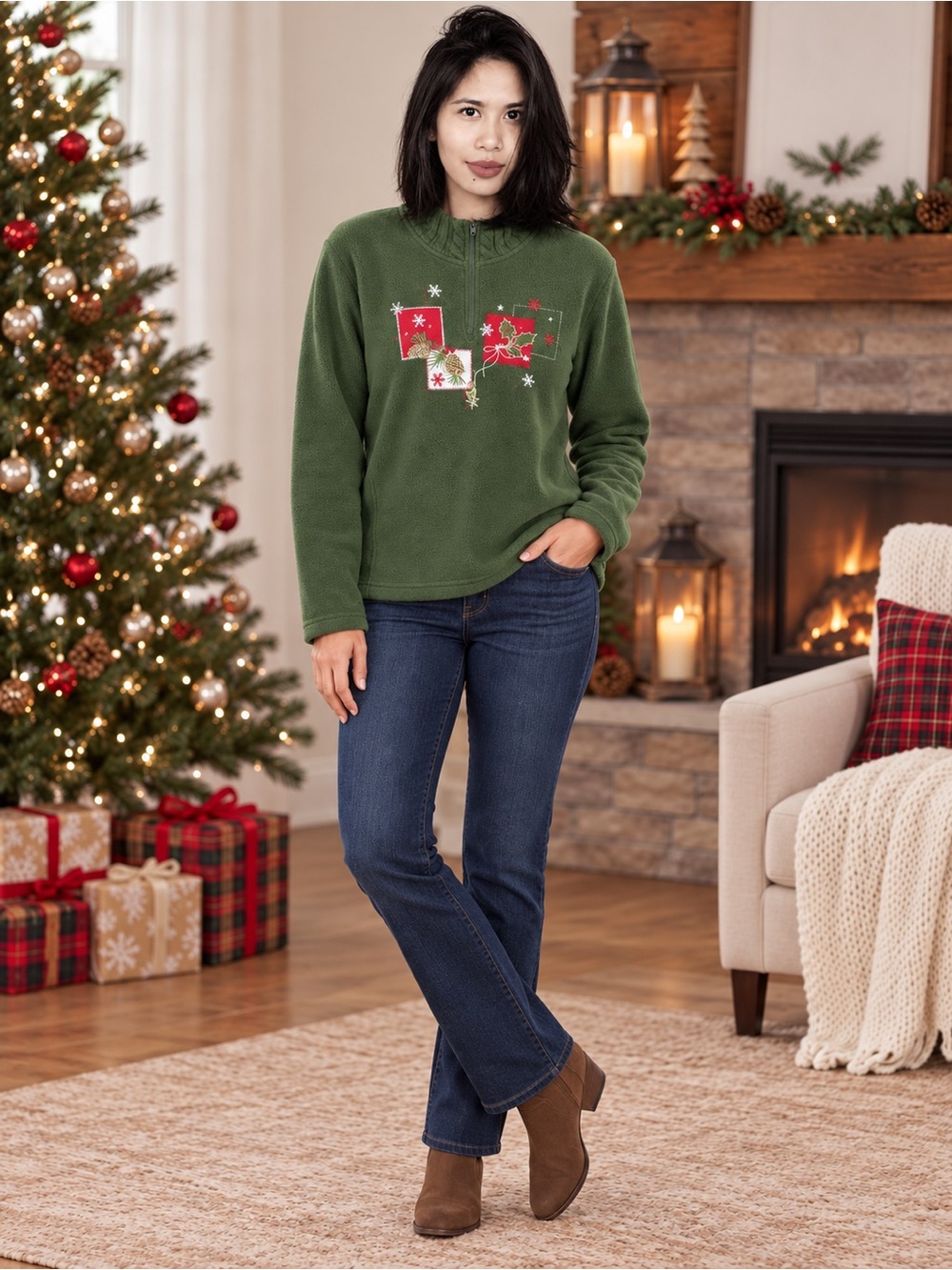 NorthCrest Christmas Fleece Pullover Size M Green Holiday